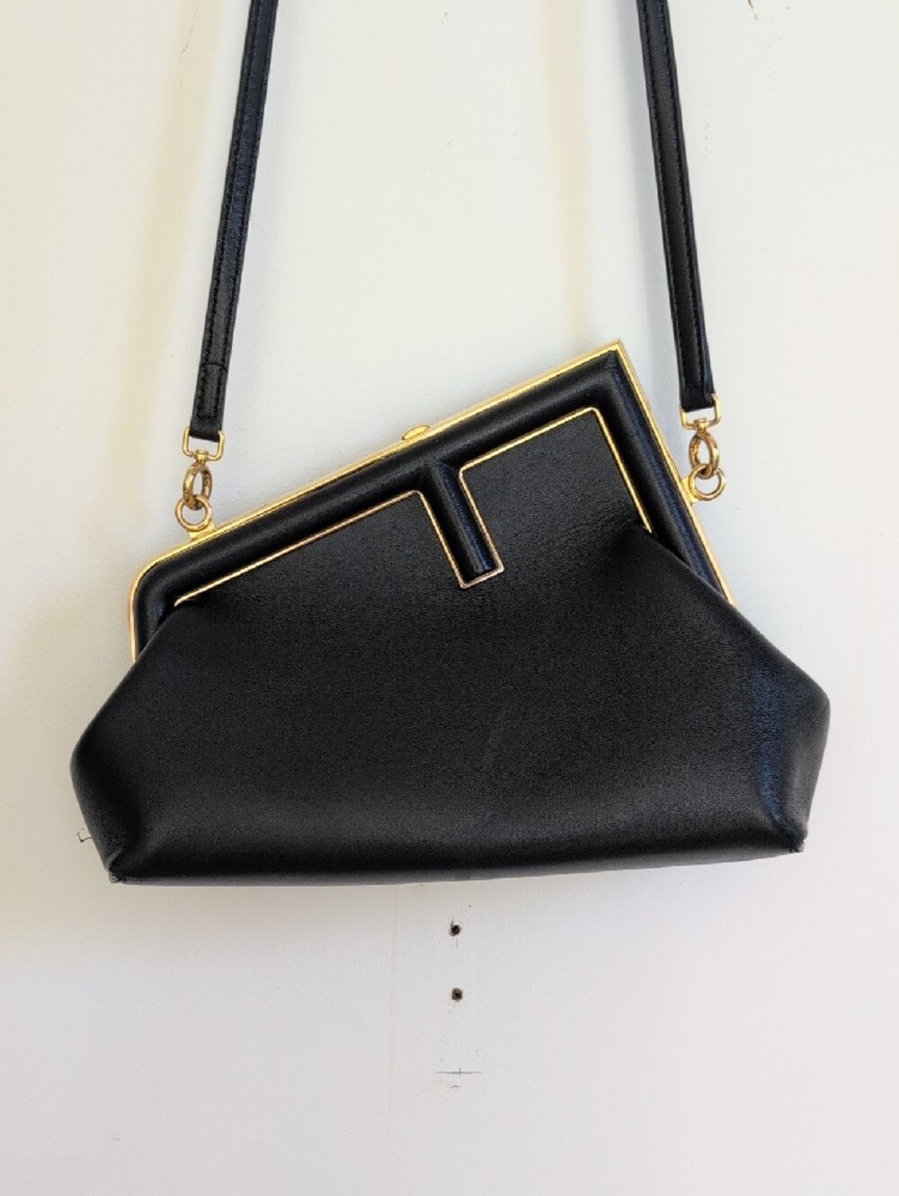 Fendi First Small Black Leather Crossbody Bag with Gold Trim